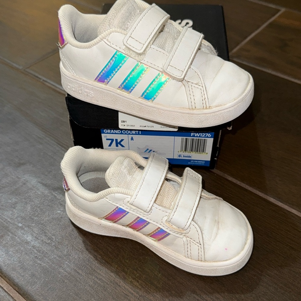 Adidas Toddler Grand Court I White Iridescent Stripe Velcro Slip On Sneakers 7K